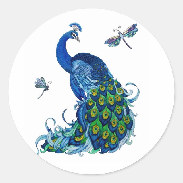 Classic Peacock and Dragonfly Design Round Sticker (Front)