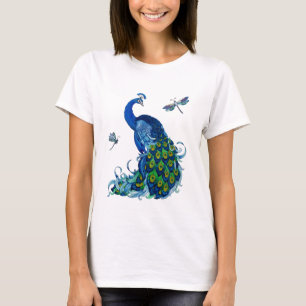 Classic Peacock and Dragonfly Design T-Shirt