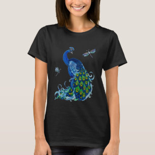 Classic Peacock and Dragonfly Design T-Shirt