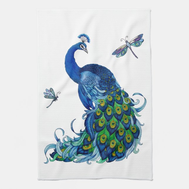 Classic Peacock and Dragonfly Design Tea Towel (Vertical)