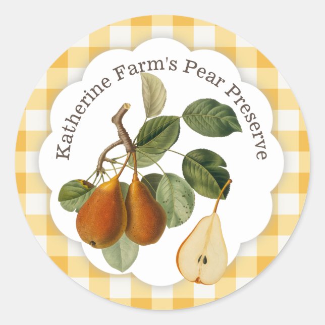 Classic PEAR Preserve Jam Gingham Round Sticker (Front)
