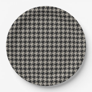 Classic Pepita Houndstooth Pattern Black Grey Paper Plate
