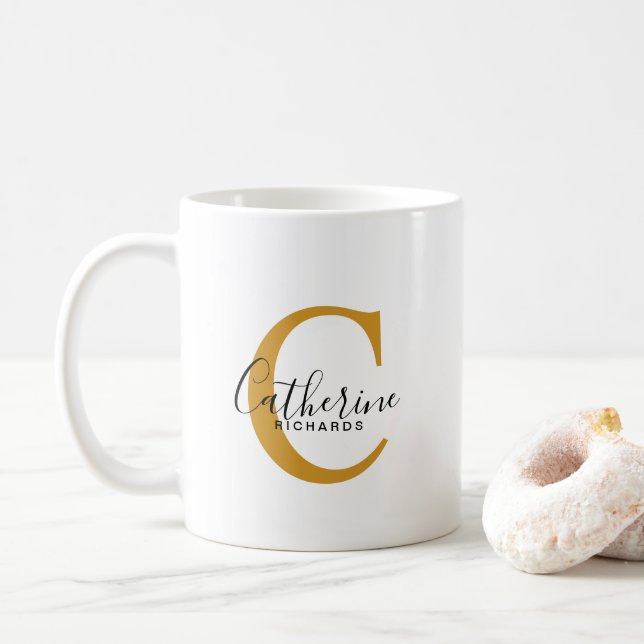 Classic Personalised Dark Yellow Monogram Mug (With Donut)