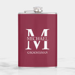 Classic Personalised Groomsman Name Hip Flask<br><div class="desc">Classic Personalised Groomsman Gifts
featuring personalised groomsman's monogram and name,  with title in white classic serif font style on burgundy red background.

Also perfect for Best Man,  Father of the Bride and more.</div>