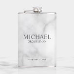 Classic Personalised Groomsman Name Hip Flask<br><div class="desc">Classic Personalised Groomsman Gifts featuring personalised groomsman's name, title and wedding date in grey classic serif font style on white marble background. Also perfect for Best Man, Father of the Bride and more. Please note: The marble details are simulated in the artwork. No actual marble will be used in the...</div>