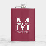 Classic Personalised Groomsman Name Hip Flask<br><div class="desc">Classic Personalised Groomsman Gifts
featuring personalised groomsman's monogram and name,  with title in white classic serif font style on burgundy red background.

Also perfect for Best Man,  Father of the Bride and more.</div>