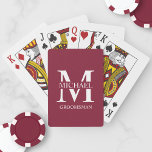 Classic Personalised Groomsmen Monogram and Name Playing Cards<br><div class="desc">Classic Personalised Groomsmen Gifts
featuring personalised groomsman's monogram,  name and title in white classic serif font style on burgundy red background.

Also perfect for best man,  father of the bride and more.</div>