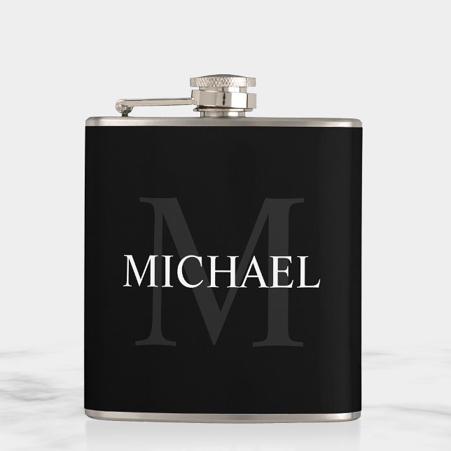 Classic Personalised Monogram and Name Black Hip Flask (Creator Uploaded)
