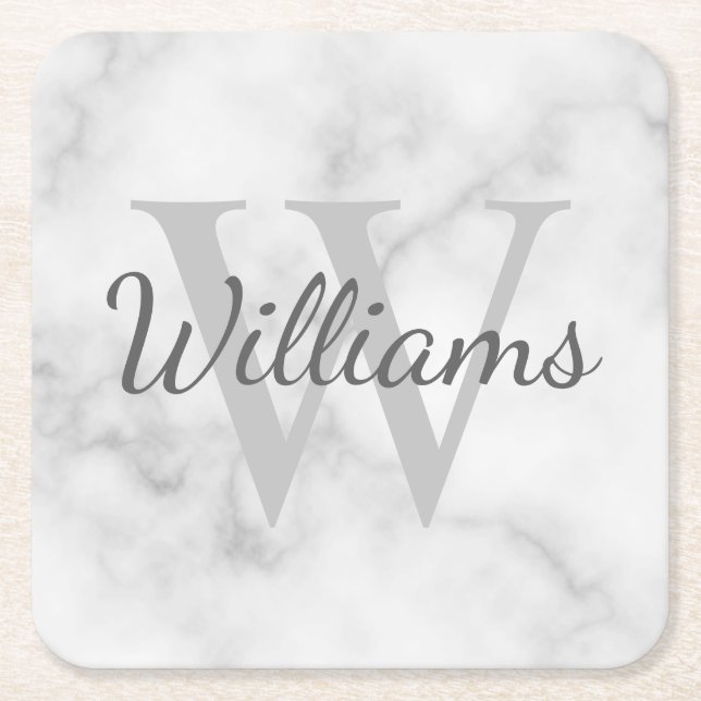 Classic Personalised Monogram and Name Marble Look Square Paper Coaster (Front)