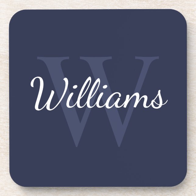 Classic Personalised Monogram and Name Navy Blue Coaster (Front)