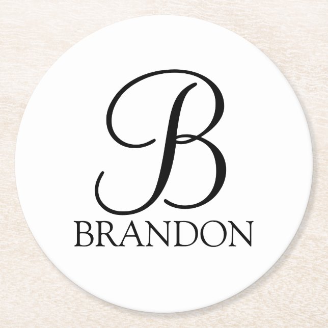 Classic Personalised Script Monogram and Name Round Paper Coaster (Front)