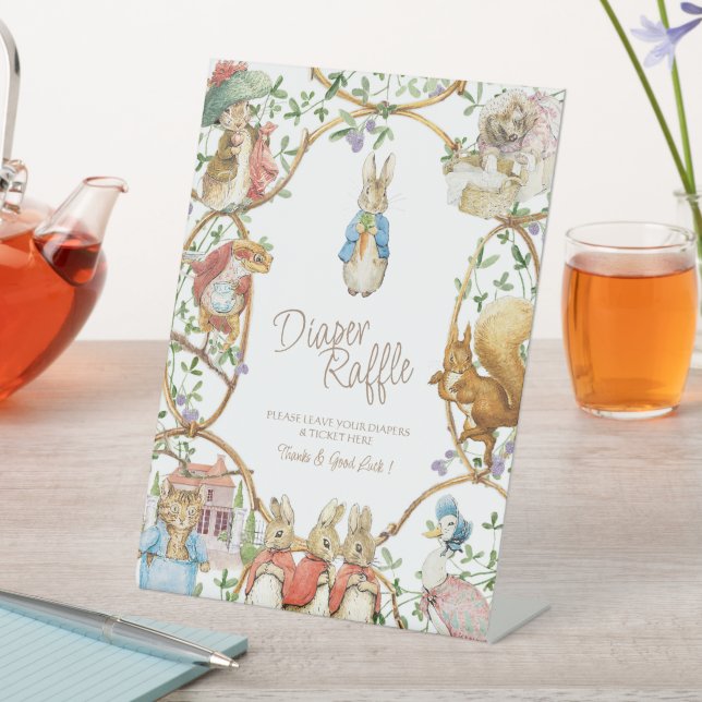 Classic Peter the Rabbit Baby Shower Diaper Raffle Pedestal Sign (In SItu)