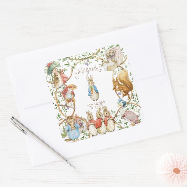 Classic Peter the Rabbit Baby Shower Square Sticker (Envelope)