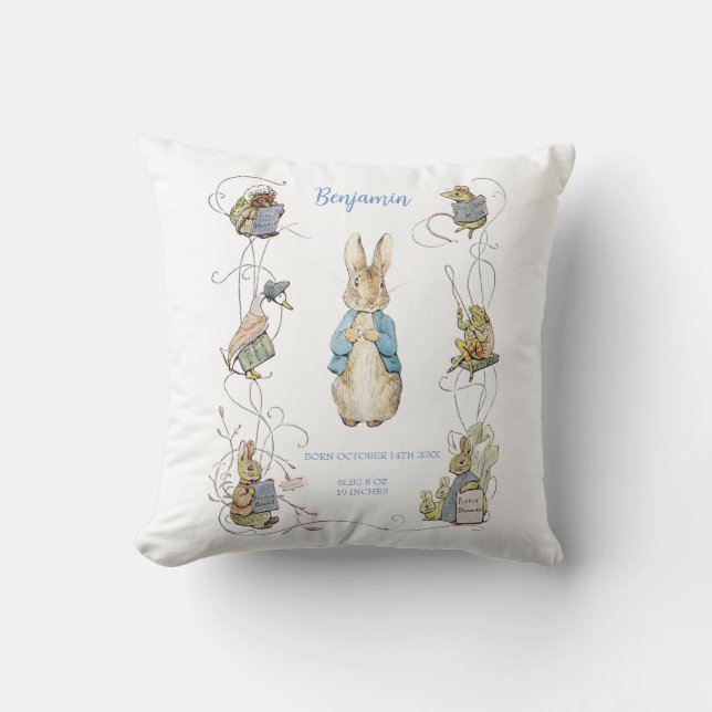 Classic Peter the Rabbit Green Gingham Birth Stats Cushion (Front)