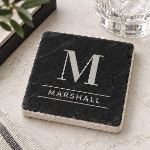 Classic Pewter Grey Serif Monogram Name Stone Coaster