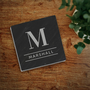 Classic Pewter Grey Serif Monogram Name Stone Coaster