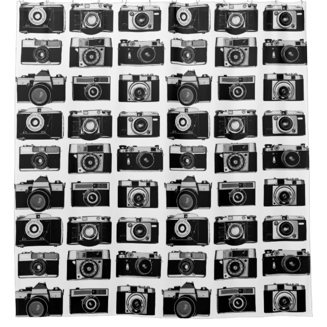 CLASSIC PHOTO CAMERAS PATTERN IN BLACK AND WHITE SHOWER CURTAIN (Front)