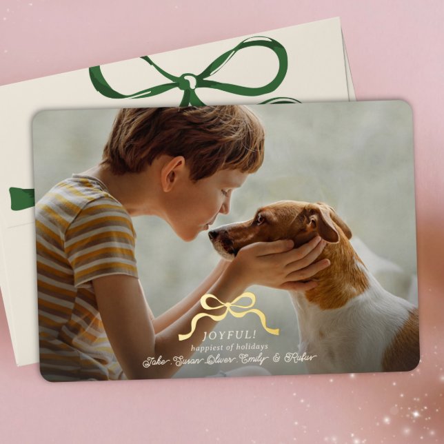 classic photo christmas gold bow foil holiday card (Creator Uploaded)