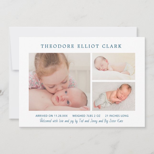 Classic Photo Collage Blue Handsome Boy Birth Announcement (Front)