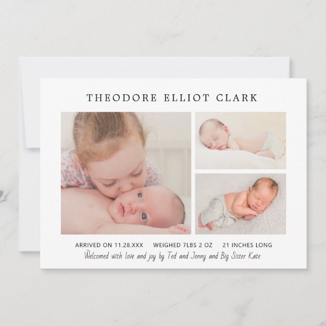 Classic Photo Collage Blue Handsome Boy Birth Announcement (Front)