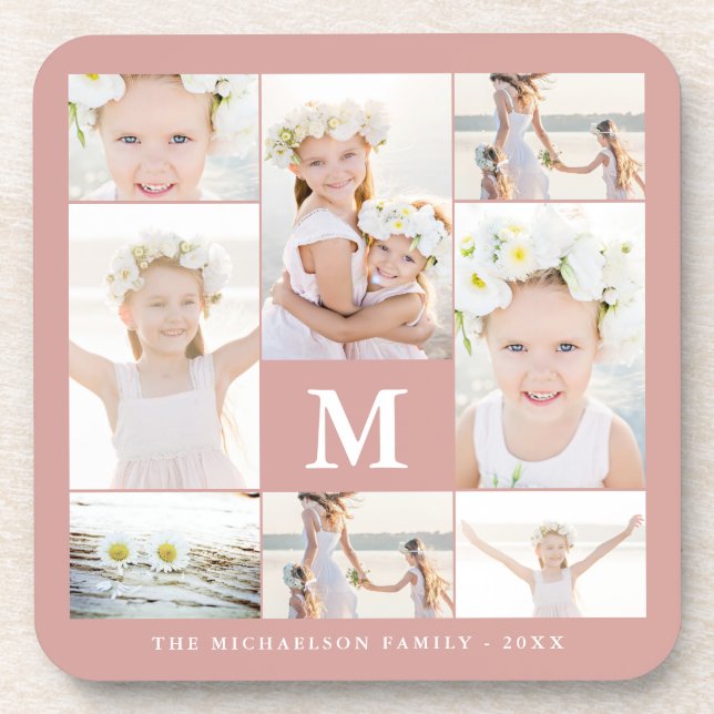 Classic Photo Collage with Monogram and Name Coaster (Front)