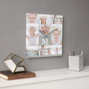 Classic Photo Collage with Monogram and Name Square Wall Clock