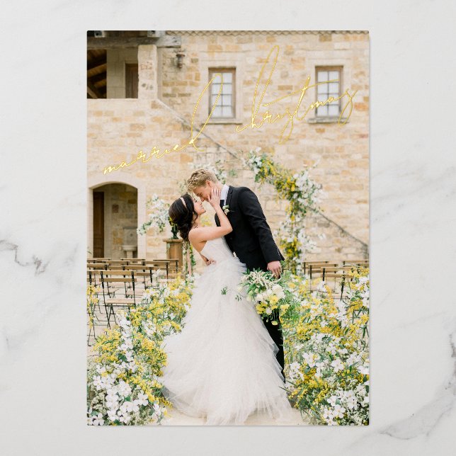 Classic Photo Elegant Newlywed Christmas Foil Holiday Card (Front)