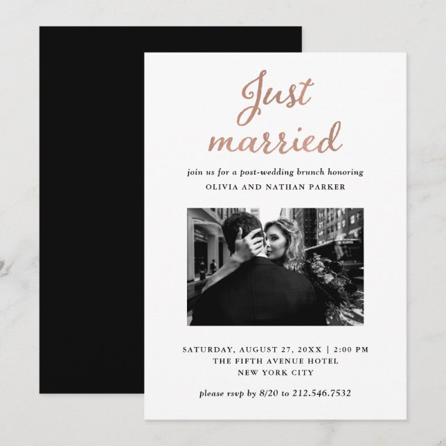 Classic Photo | Faux Rose Gold Just Married Invitation (Front/Back)