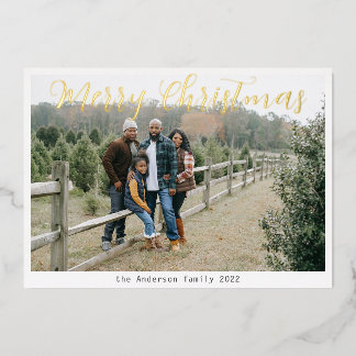 Classic Photo Greeting Merry Christmas Gold Script Foil Holiday Card