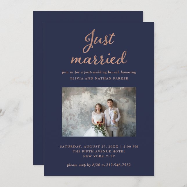 Classic Photo | Navy and Rose Gold Just Married Invitation (Front/Back)