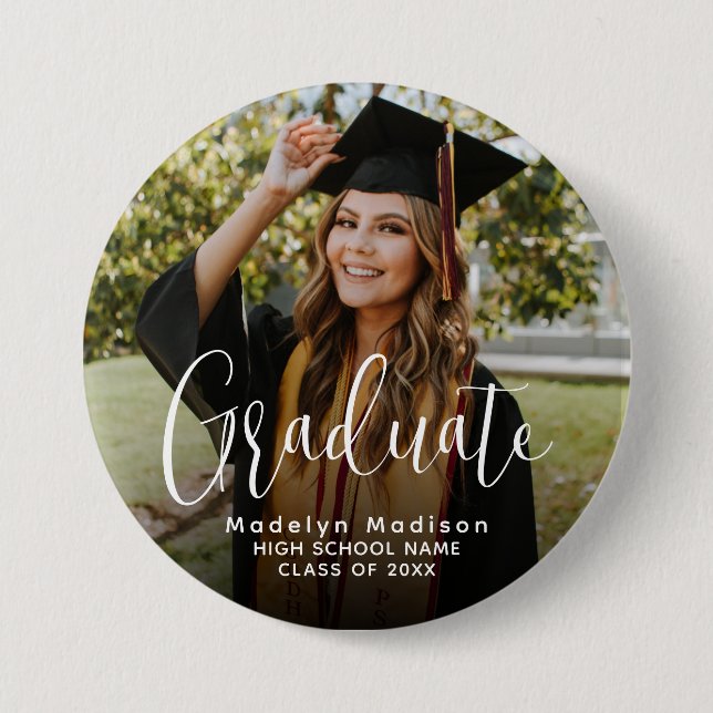 Classic Photo Simple Modern Script for Graduates 7.5 Cm Round Badge (Front)