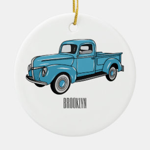 Classic pick up truck cartoon illustration ceramic tree decoration