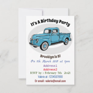 Classic pick up truck cartoon illustration invitation