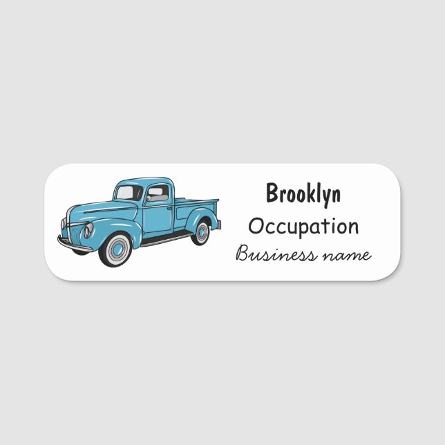 Classic pick up truck cartoon illustration name tag (Front)