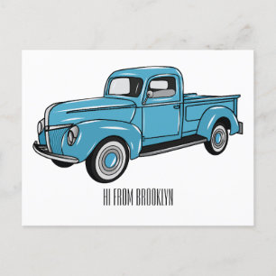 Classic pick up truck cartoon illustration postcard