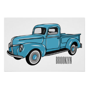 Classic pick up truck cartoon illustration poster