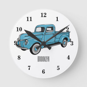Classic pick up truck cartoon illustration round clock