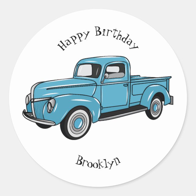 Classic pick up truck cartoon illustration round sticker (Front)