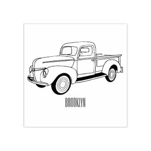 Classic pick up truck cartoon illustration rubber stamp