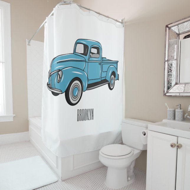 Classic pick up truck cartoon illustration shower curtain (In Situ)