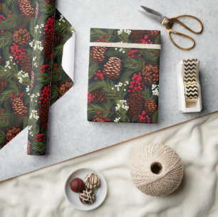 Classic Pine Cones branches Berries Xmas Pattern Wrapping Paper