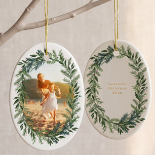 Classic pine frame wreath Christmas photo Ceramic Tree Decoration