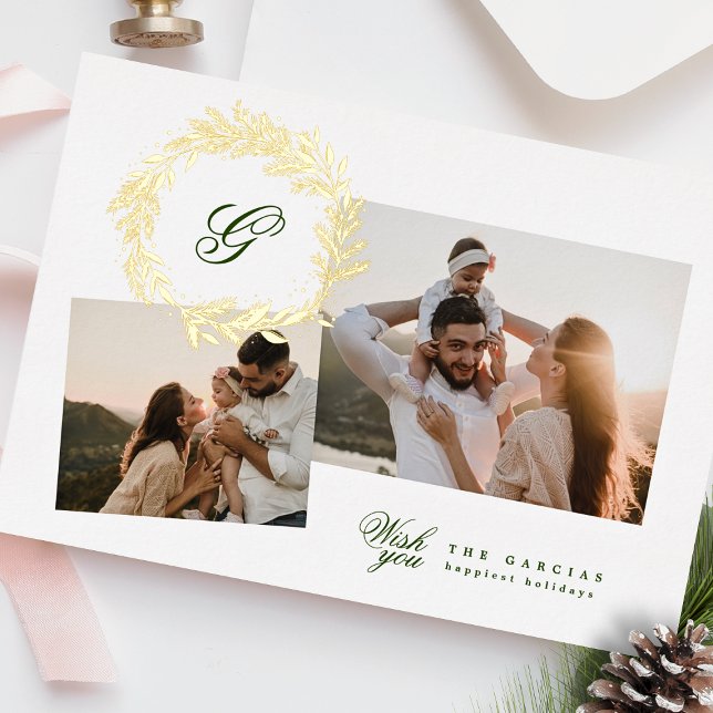 Classic pine monogram wreath elegant photo collage foil holiday card (Creator Uploaded)