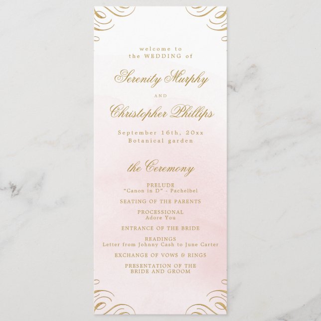 Classic pink and gold Calligraphy Wedding Program Menu (Front)