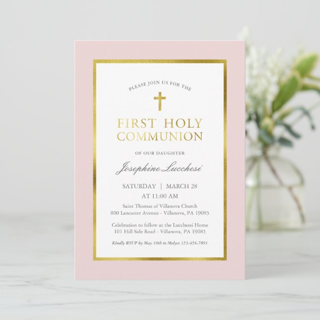 Classic Pink and Gold Communion Invitation (Standing Front)