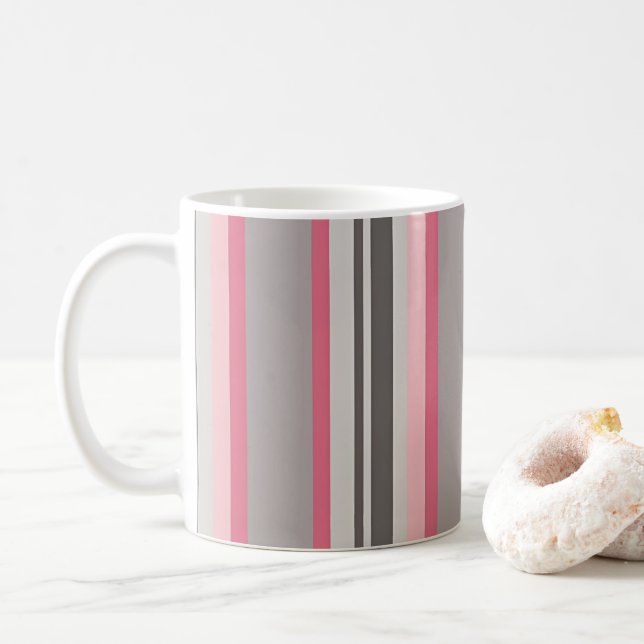 Classic Pink and Grey Striped Coffee Mug (With Donut)