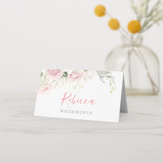 Classic Pink and White Floral place card, wedding Place Card (Front)