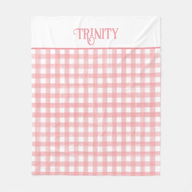 Classic Pink and White Gingham Plaid Patterned Fleece Blanket (Front)