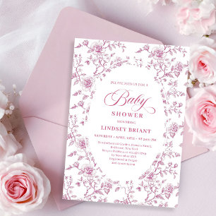 Classic Pink and White Roses Toile Baby Shower Invitation