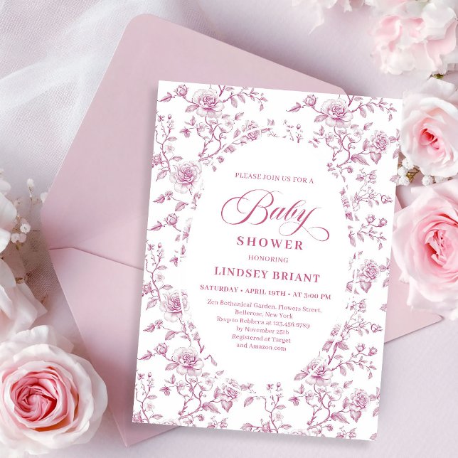 Classic Pink and White Roses Toile Baby Shower  Invitation (Classic Pink and White Roses Toile Baby Shower Invitation)